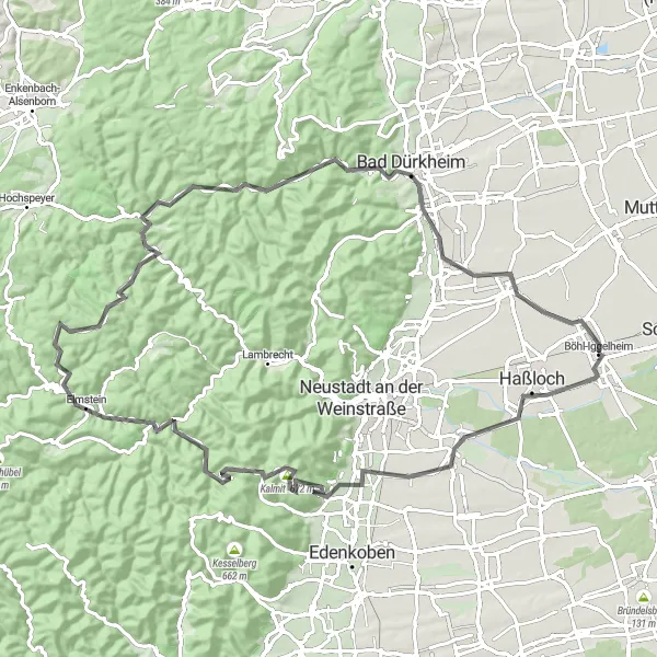 Map miniature of "Haßloch to Bad Dürkheim Road Cycling Route" cycling inspiration in Rheinhessen-Pfalz, Germany. Generated by Tarmacs.app cycling route planner