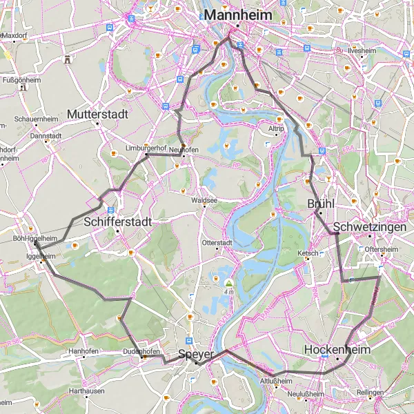 Map miniature of "Neuhofen to Iggelheim Cycling Route" cycling inspiration in Rheinhessen-Pfalz, Germany. Generated by Tarmacs.app cycling route planner