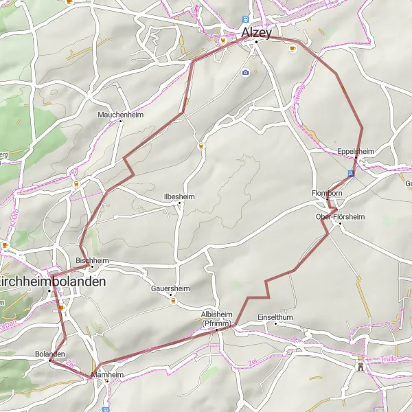 Map miniature of "Bolanden Loop" cycling inspiration in Rheinhessen-Pfalz, Germany. Generated by Tarmacs.app cycling route planner