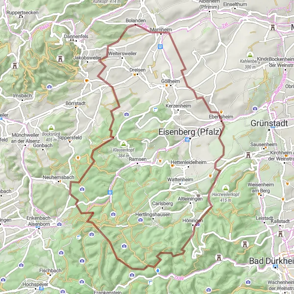 Karten-Miniaturansicht der Radinspiration "Ebertsheim Natur-Runde" in Rheinhessen-Pfalz, Germany. Erstellt vom Tarmacs.app-Routenplaner für Radtouren