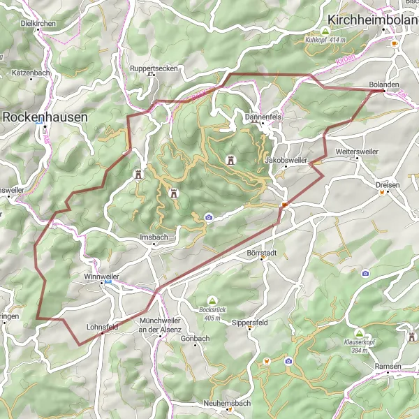 Map miniature of "Bolanden - Gebrannter Berg Gravel Route" cycling inspiration in Rheinhessen-Pfalz, Germany. Generated by Tarmacs.app cycling route planner