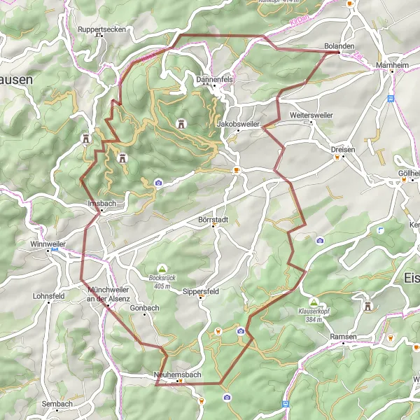 Karten-Miniaturansicht der Radinspiration "Salweidenkopf Schleifen-Tour" in Rheinhessen-Pfalz, Germany. Erstellt vom Tarmacs.app-Routenplaner für Radtouren
