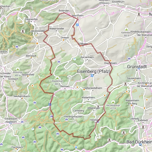 Karten-Miniaturansicht der Radinspiration "Wasser- und Waldwege um Bolanden" in Rheinhessen-Pfalz, Germany. Erstellt vom Tarmacs.app-Routenplaner für Radtouren