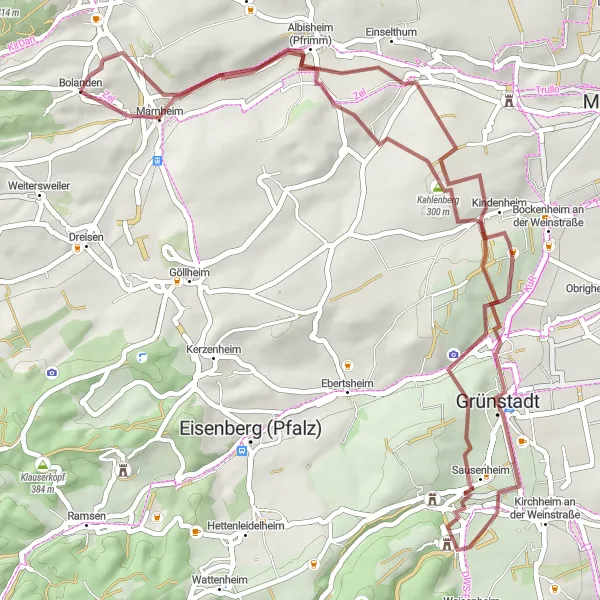 Map miniature of "The Gravel Adventure" cycling inspiration in Rheinhessen-Pfalz, Germany. Generated by Tarmacs.app cycling route planner