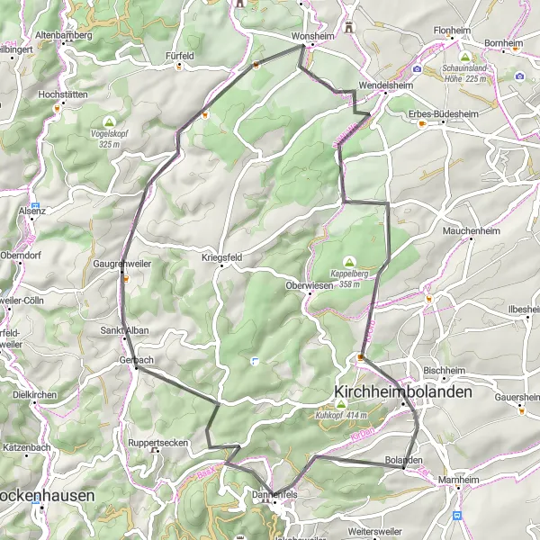 Map miniature of "Dannenfels Adventure" cycling inspiration in Rheinhessen-Pfalz, Germany. Generated by Tarmacs.app cycling route planner