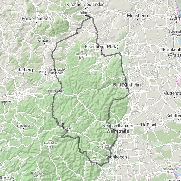 Karten-Miniaturansicht der Radinspiration "Pfalz Panorama-Tour" in Rheinhessen-Pfalz, Germany. Erstellt vom Tarmacs.app-Routenplaner für Radtouren