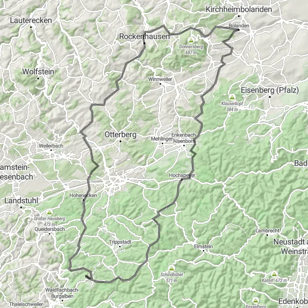 Map miniature of "Bolanden - Johanniskreuz - Dannenfels Loop" cycling inspiration in Rheinhessen-Pfalz, Germany. Generated by Tarmacs.app cycling route planner