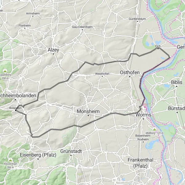 Map miniature of "Bolanden - Beobachtungshütte Altrheinsee Loop" cycling inspiration in Rheinhessen-Pfalz, Germany. Generated by Tarmacs.app cycling route planner