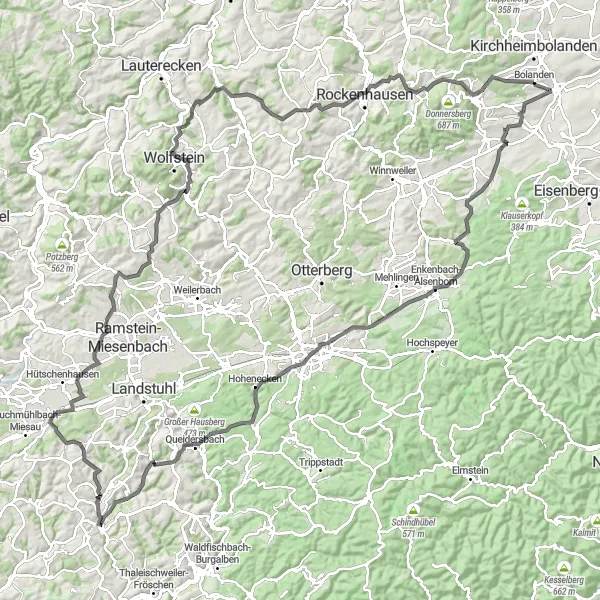 Karten-Miniaturansicht der Radinspiration "Hügellandschaften von Rheinhessen-Pfalz" in Rheinhessen-Pfalz, Germany. Erstellt vom Tarmacs.app-Routenplaner für Radtouren