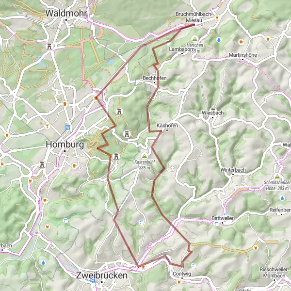 Karten-Miniaturansicht der Radinspiration "Rundfahrt um Bruchmühlbach-Miesau" in Rheinhessen-Pfalz, Germany. Erstellt vom Tarmacs.app-Routenplaner für Radtouren