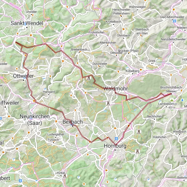 Map miniature of "Waldmohr and Ottweiler Gravel Adventure" cycling inspiration in Rheinhessen-Pfalz, Germany. Generated by Tarmacs.app cycling route planner