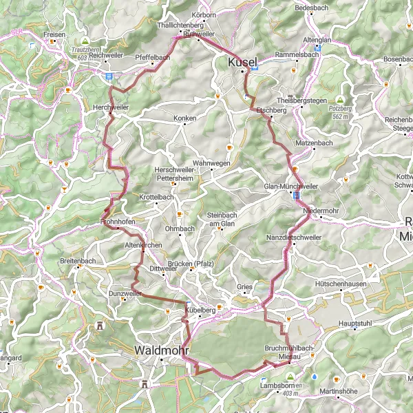 Map miniature of "Herrchen Gravel Round-trip" cycling inspiration in Rheinhessen-Pfalz, Germany. Generated by Tarmacs.app cycling route planner