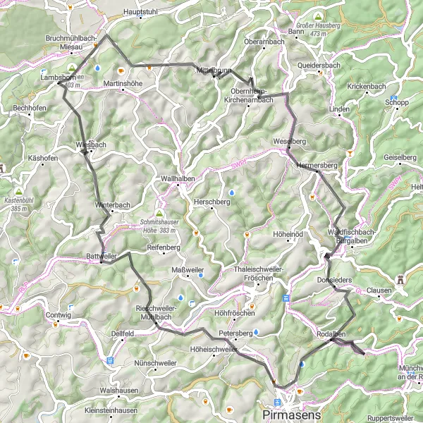 Karten-Miniaturansicht der Radinspiration "Rothhof und Battweiler Höhe" in Rheinhessen-Pfalz, Germany. Erstellt vom Tarmacs.app-Routenplaner für Radtouren