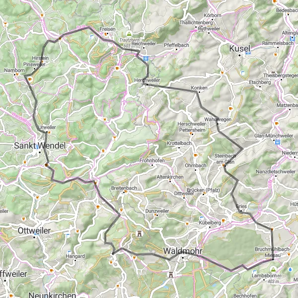 Map miniature of "Waldmohr and Sankt Wendel Route" cycling inspiration in Rheinhessen-Pfalz, Germany. Generated by Tarmacs.app cycling route planner