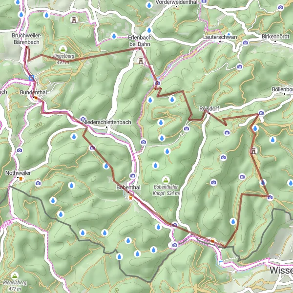 Map miniature of "Erlenbach bei Dahn Gravel Adventure" cycling inspiration in Rheinhessen-Pfalz, Germany. Generated by Tarmacs.app cycling route planner