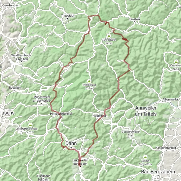 Map miniature of "Palatinate Gravel Adventure" cycling inspiration in Rheinhessen-Pfalz, Germany. Generated by Tarmacs.app cycling route planner