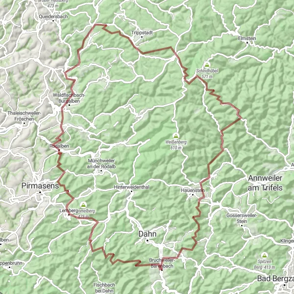 Map miniature of "The Gravel Loop: Bruchweiler-Bärenbach and Beyond" cycling inspiration in Rheinhessen-Pfalz, Germany. Generated by Tarmacs.app cycling route planner