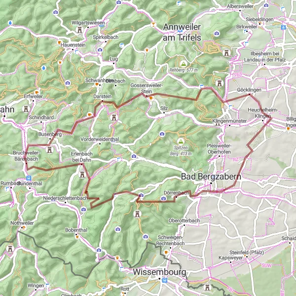 Map miniature of "Exploring the Hidden Gems: A Gravel Delight" cycling inspiration in Rheinhessen-Pfalz, Germany. Generated by Tarmacs.app cycling route planner