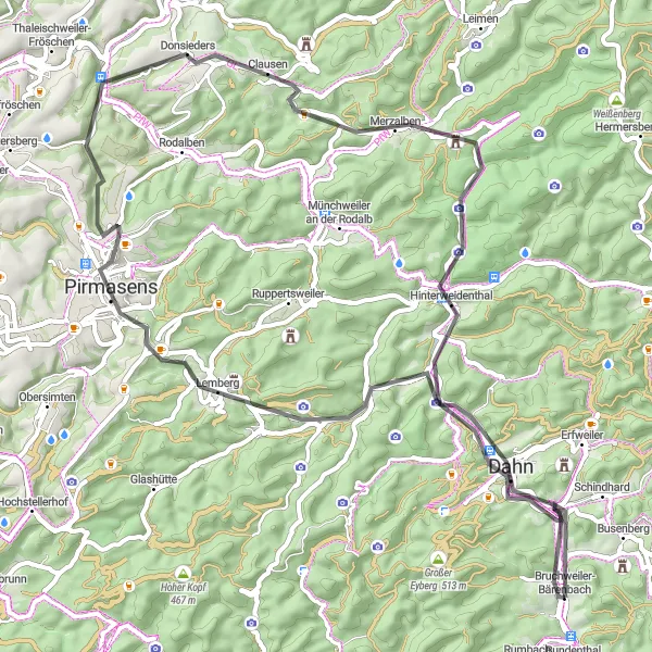 Map miniature of "South Palatinate Road Expedition" cycling inspiration in Rheinhessen-Pfalz, Germany. Generated by Tarmacs.app cycling route planner