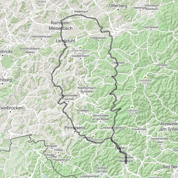 Map miniature of "Grand Tour of Pirmasens" cycling inspiration in Rheinhessen-Pfalz, Germany. Generated by Tarmacs.app cycling route planner