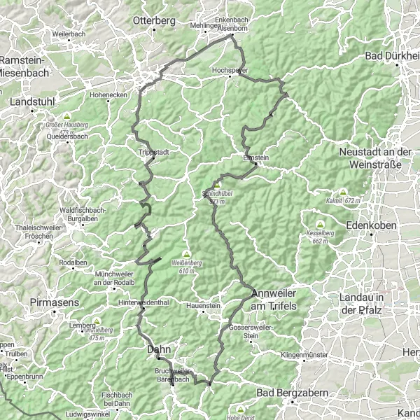 Map miniature of "The Road Adventure of Bruchweiler-Bärenbach" cycling inspiration in Rheinhessen-Pfalz, Germany. Generated by Tarmacs.app cycling route planner