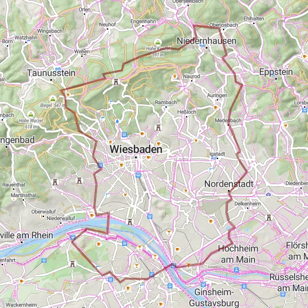 Map miniature of "Mainz Gravel Adventure" cycling inspiration in Rheinhessen-Pfalz, Germany. Generated by Tarmacs.app cycling route planner