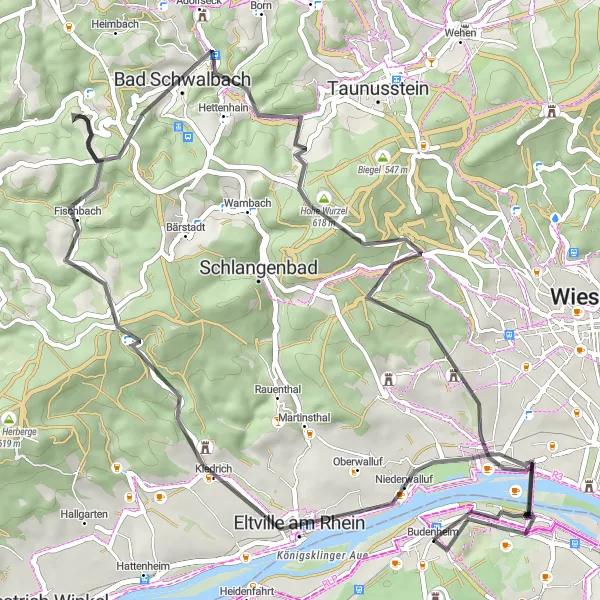 Map miniature of "Scenic Tour through Wiesbaden and Taunus" cycling inspiration in Rheinhessen-Pfalz, Germany. Generated by Tarmacs.app cycling route planner