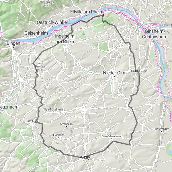 Map miniature of "Classic Rhineland Road Tour" cycling inspiration in Rheinhessen-Pfalz, Germany. Generated by Tarmacs.app cycling route planner