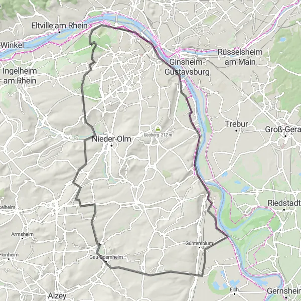 Map miniature of "Rheinhessen Road Tour" cycling inspiration in Rheinhessen-Pfalz, Germany. Generated by Tarmacs.app cycling route planner