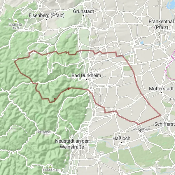 Map miniature of "Southern Palatinate Gravel Escape" cycling inspiration in Rheinhessen-Pfalz, Germany. Generated by Tarmacs.app cycling route planner