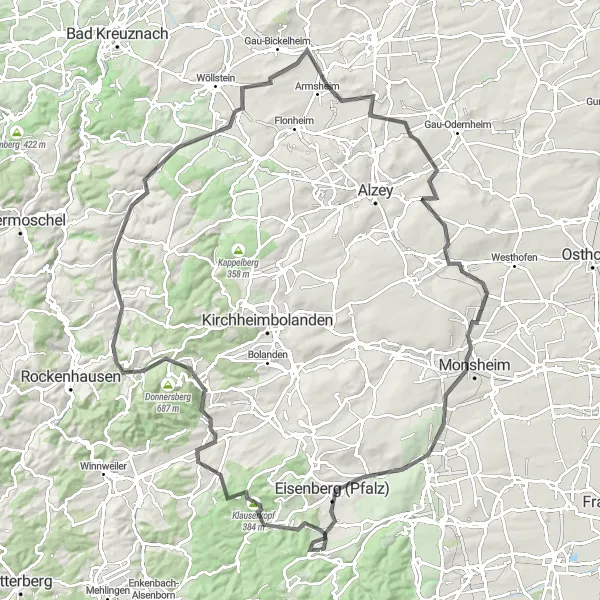 Map miniature of "The Wonsheim Adventure" cycling inspiration in Rheinhessen-Pfalz, Germany. Generated by Tarmacs.app cycling route planner