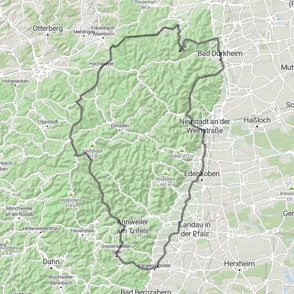 Map miniature of "The Palatinate Valley Express" cycling inspiration in Rheinhessen-Pfalz, Germany. Generated by Tarmacs.app cycling route planner