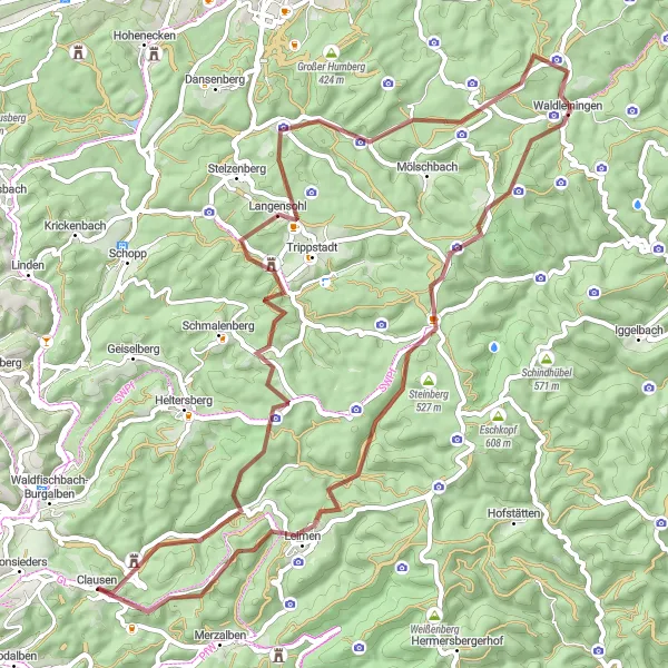 Karten-Miniaturansicht der Radinspiration "Gravel-Abenteuer um Clausen" in Rheinhessen-Pfalz, Germany. Erstellt vom Tarmacs.app-Routenplaner für Radtouren