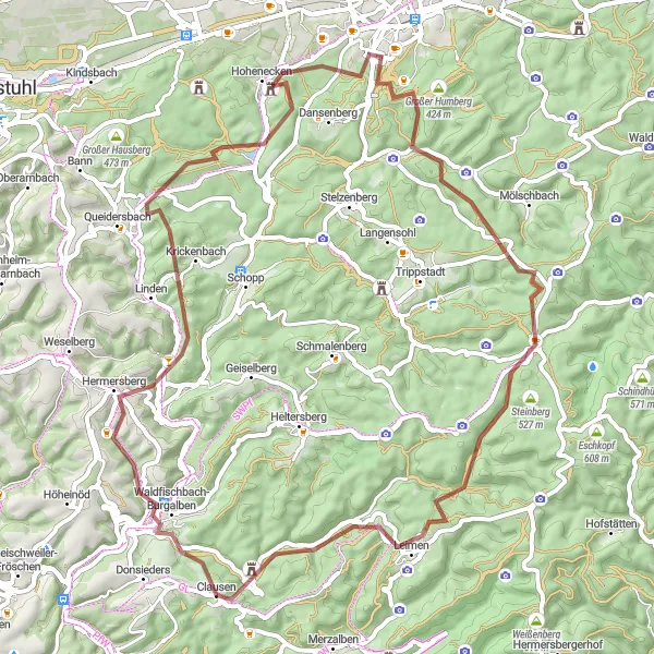 Map miniature of "Gravel Adventure through Rheinhessen-Pfalz" cycling inspiration in Rheinhessen-Pfalz, Germany. Generated by Tarmacs.app cycling route planner