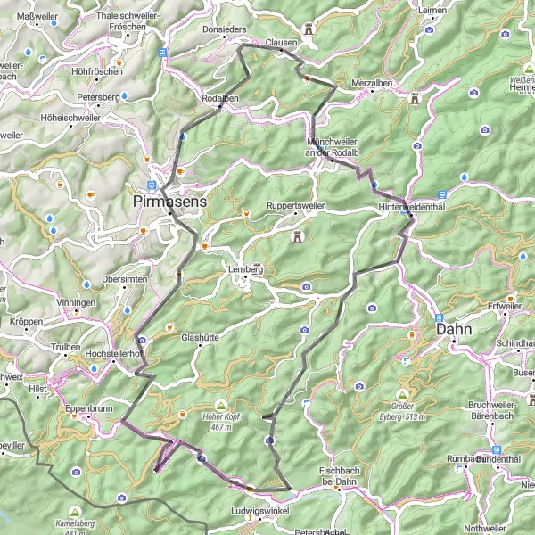 Map miniature of "Scenic Ride around Clausen" cycling inspiration in Rheinhessen-Pfalz, Germany. Generated by Tarmacs.app cycling route planner