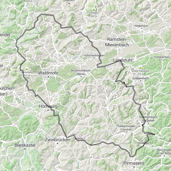 Map miniature of "Climbing Challenge through Rheinhessen-Pfalz" cycling inspiration in Rheinhessen-Pfalz, Germany. Generated by Tarmacs.app cycling route planner