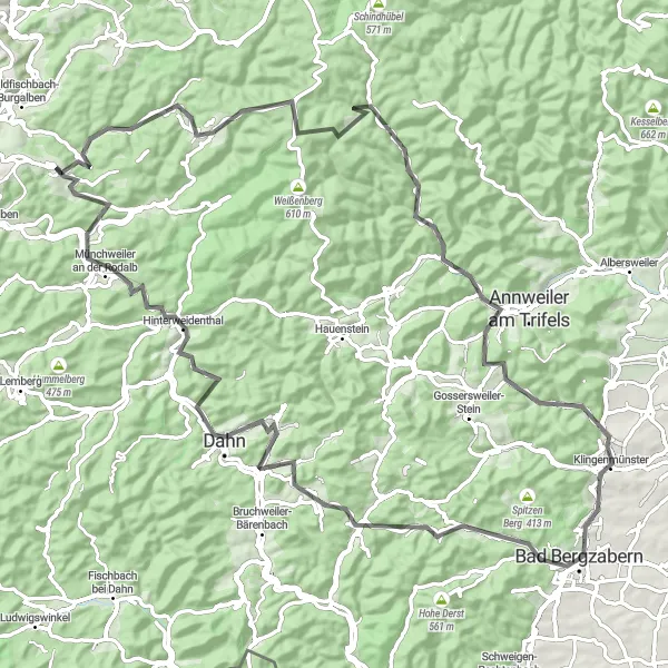 Karten-Miniaturansicht der Radinspiration "Hügelige Pfalz Rundtour" in Rheinhessen-Pfalz, Germany. Erstellt vom Tarmacs.app-Routenplaner für Radtouren