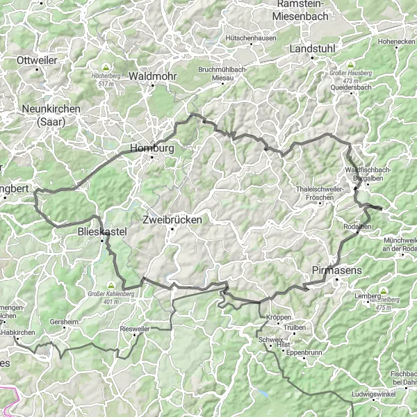 Map miniature of "The Clausen Hill Climbing Challenge" cycling inspiration in Rheinhessen-Pfalz, Germany. Generated by Tarmacs.app cycling route planner