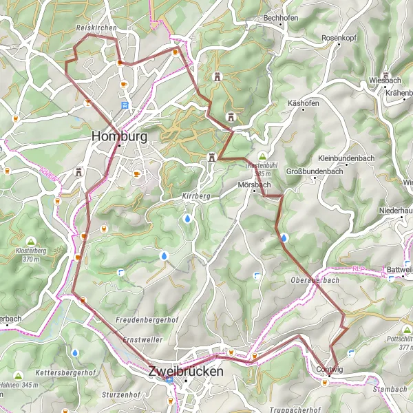 Map miniature of "Gravel Excursion around Zweibrücken" cycling inspiration in Rheinhessen-Pfalz, Germany. Generated by Tarmacs.app cycling route planner