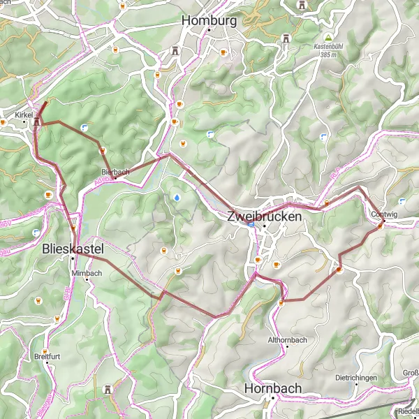 Map miniature of "Gravel Journey through Blieskastel" cycling inspiration in Rheinhessen-Pfalz, Germany. Generated by Tarmacs.app cycling route planner