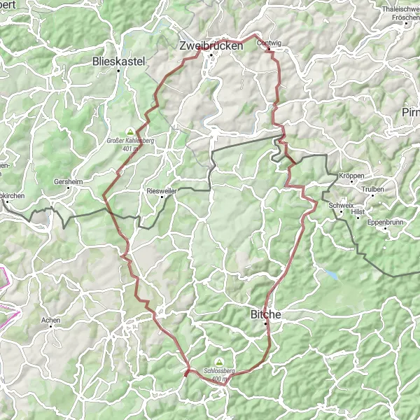 Karten-Miniaturansicht der Radinspiration "Abenteuerliche Schotterwege in der Region" in Rheinhessen-Pfalz, Germany. Erstellt vom Tarmacs.app-Routenplaner für Radtouren