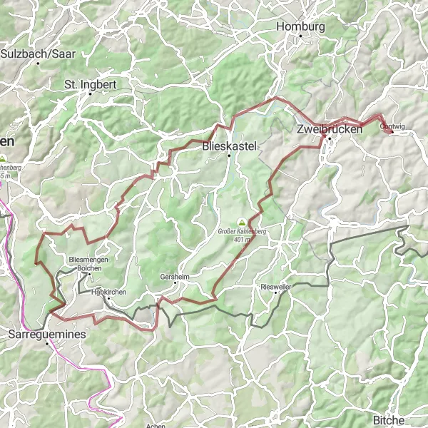 Map miniature of "Blies-Guersviller Gravel Adventure" cycling inspiration in Rheinhessen-Pfalz, Germany. Generated by Tarmacs.app cycling route planner