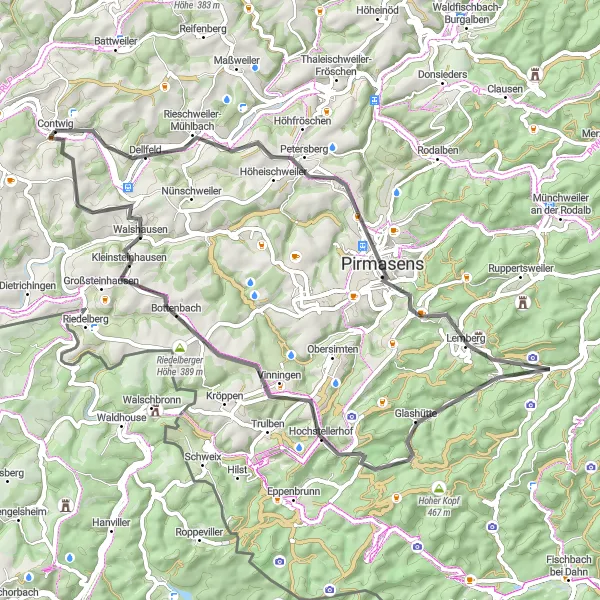 Karten-Miniaturansicht der Radinspiration "Hügelige Straßen rund um Contwig" in Rheinhessen-Pfalz, Germany. Erstellt vom Tarmacs.app-Routenplaner für Radtouren