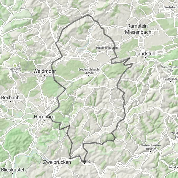 Map miniature of "Tour Around Homburg" cycling inspiration in Rheinhessen-Pfalz, Germany. Generated by Tarmacs.app cycling route planner