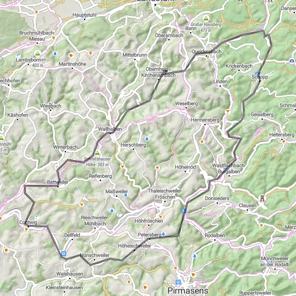 Karten-Miniaturansicht der Radinspiration "Entdeckungstour im Pfälzerwald" in Rheinhessen-Pfalz, Germany. Erstellt vom Tarmacs.app-Routenplaner für Radtouren