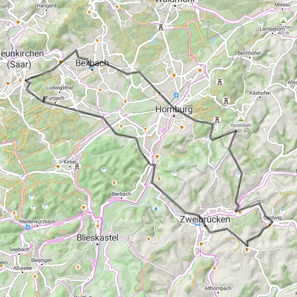 Karten-Miniaturansicht der Radinspiration "Malersiche Fahrt durch Schwarzwälder Landschaft" in Rheinhessen-Pfalz, Germany. Erstellt vom Tarmacs.app-Routenplaner für Radtouren