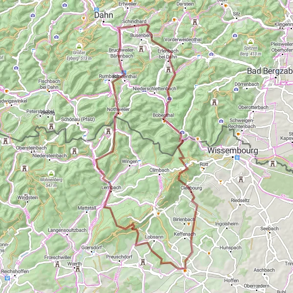 Map miniature of "The Ultimate Gravel Challenge" cycling inspiration in Rheinhessen-Pfalz, Germany. Generated by Tarmacs.app cycling route planner