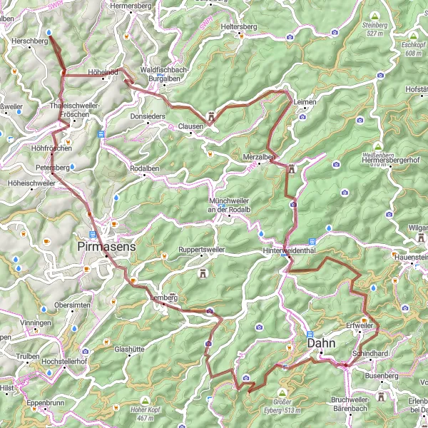 Karten-Miniaturansicht der Radinspiration "Gravel-Rundtour durch die Pfälzer Berge" in Rheinhessen-Pfalz, Germany. Erstellt vom Tarmacs.app-Routenplaner für Radtouren