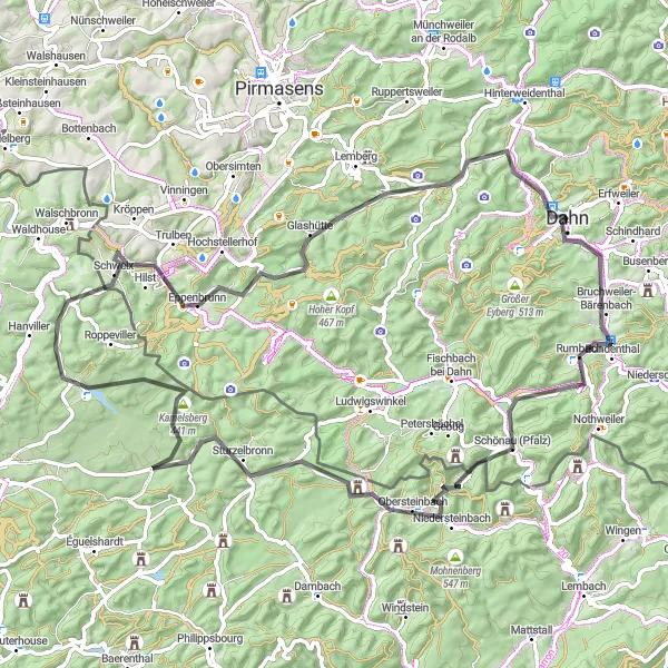 Karten-Miniaturansicht der Radinspiration "Durch die Natur um Dahn - Bruchweiler-Bärenbach, Niedersteinbach, Jungfernsprung" in Rheinhessen-Pfalz, Germany. Erstellt vom Tarmacs.app-Routenplaner für Radtouren