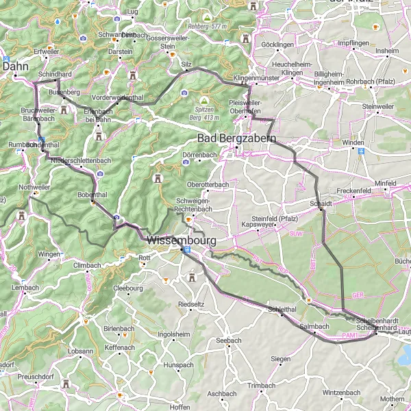 Karten-Miniaturansicht der Radinspiration "Rundweg um Dahn - Grünberg, Kahler Kopf, Dierbach" in Rheinhessen-Pfalz, Germany. Erstellt vom Tarmacs.app-Routenplaner für Radtouren